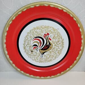 VINTAGE Stoyke Tray Platter 19" Round Red White Chicken Metal Mid Century 60s